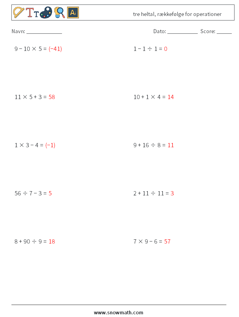 (10) tre heltal, rækkefølge for operationer Matematiske regneark 17 Spørgsmål, svar