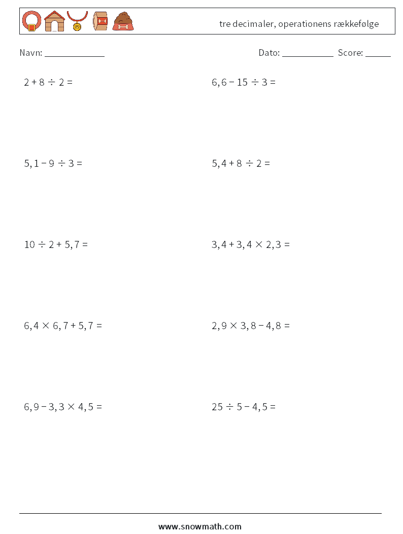 (10) tre decimaler, operationens rækkefølge Matematiske regneark 10