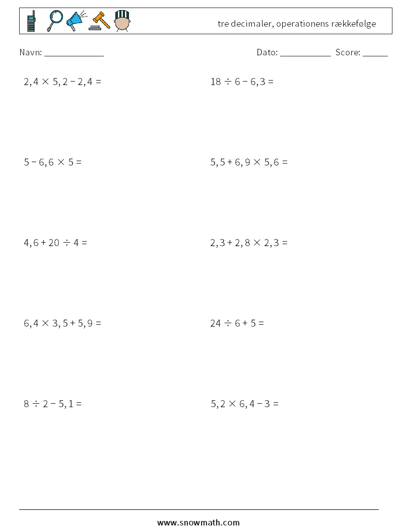 (10) tre decimaler, operationens rækkefølge Matematiske regneark 11