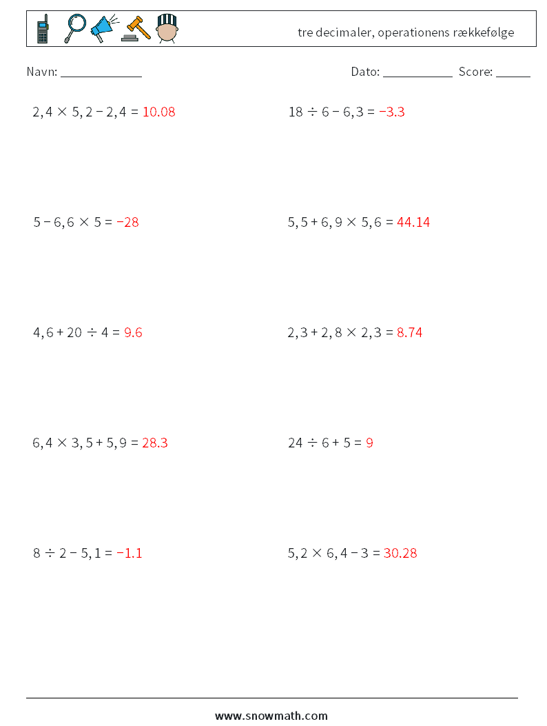 (10) tre decimaler, operationens rækkefølge Matematiske regneark 11 Spørgsmål, svar