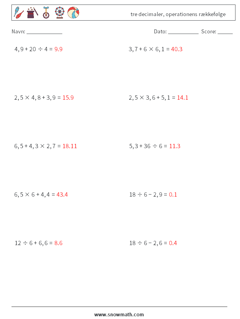 (10) tre decimaler, operationens rækkefølge Matematiske regneark 13 Spørgsmål, svar
