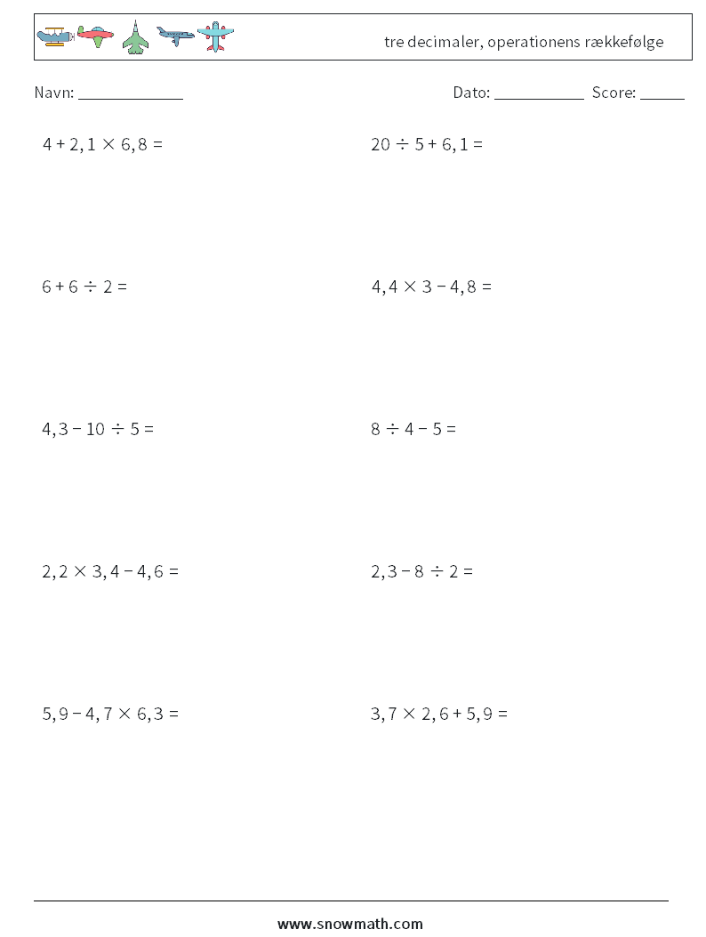 (10) tre decimaler, operationens rækkefølge Matematiske regneark 15