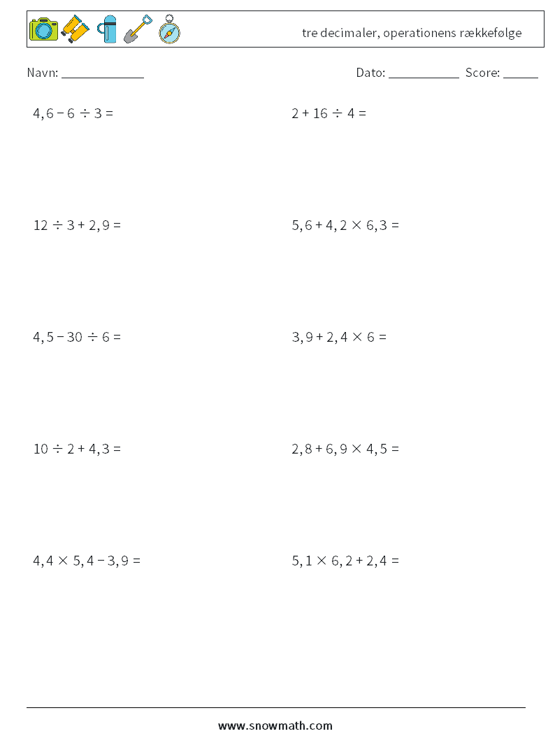 (10) tre decimaler, operationens rækkefølge Matematiske regneark 18