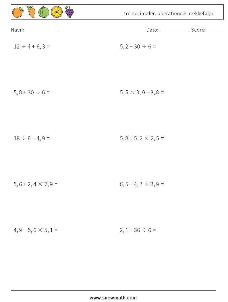 (10) tre decimaler, operationens rækkefølge Matematiske regneark 2