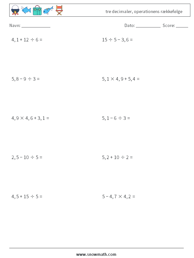 (10) tre decimaler, operationens rækkefølge Matematiske regneark 5