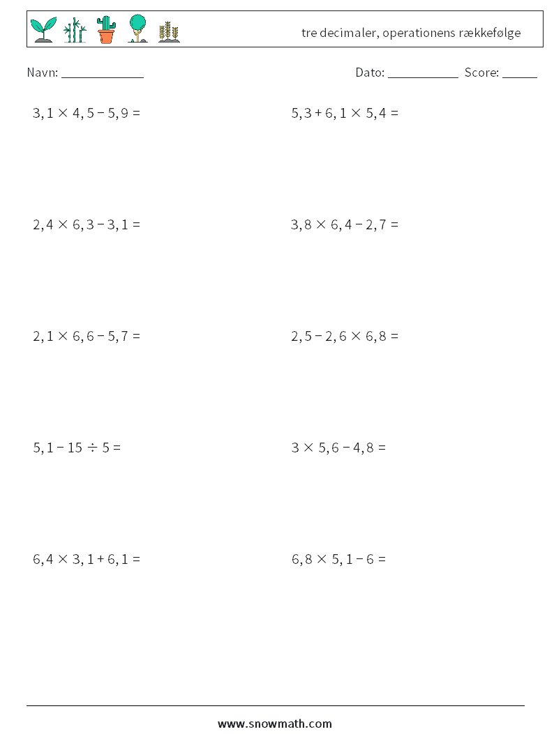 (10) tre decimaler, operationens rækkefølge Matematiske regneark 7