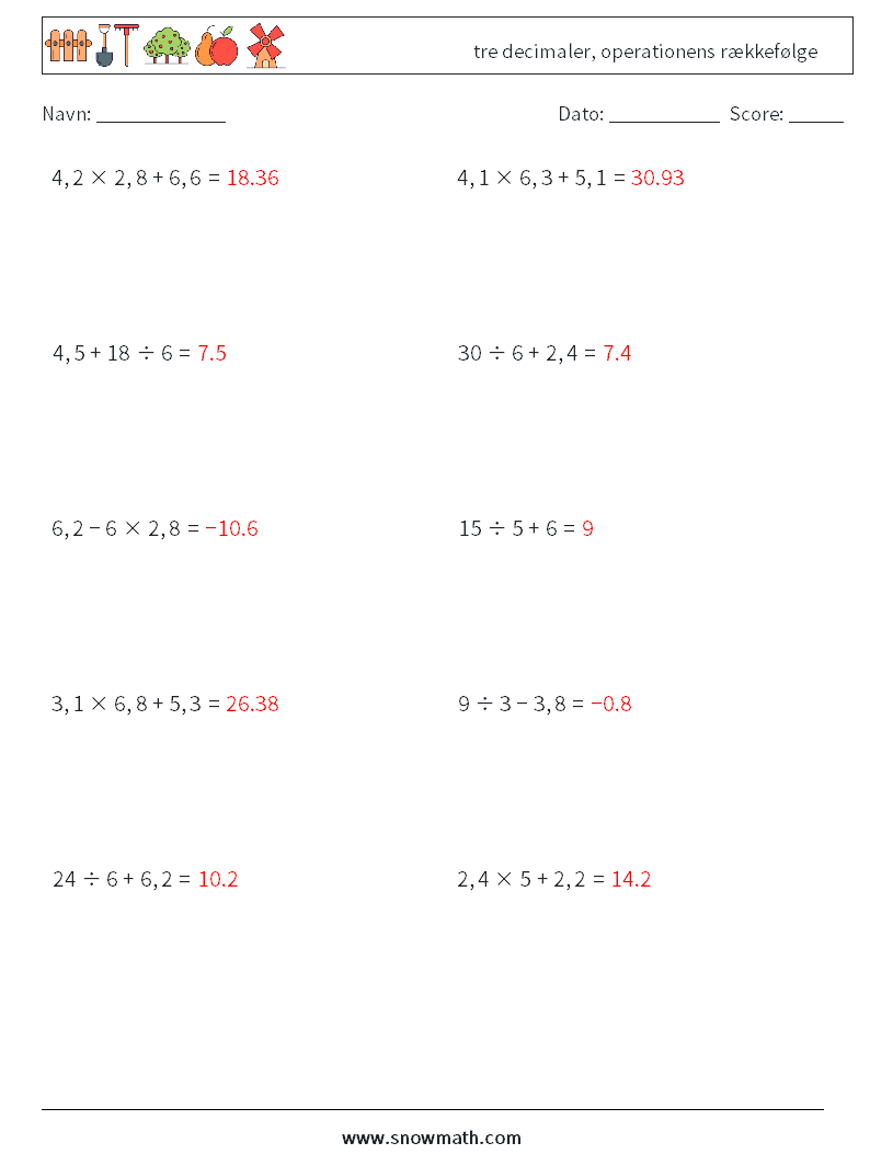 (10) tre decimaler, operationens rækkefølge Matematiske regneark 8 Spørgsmål, svar