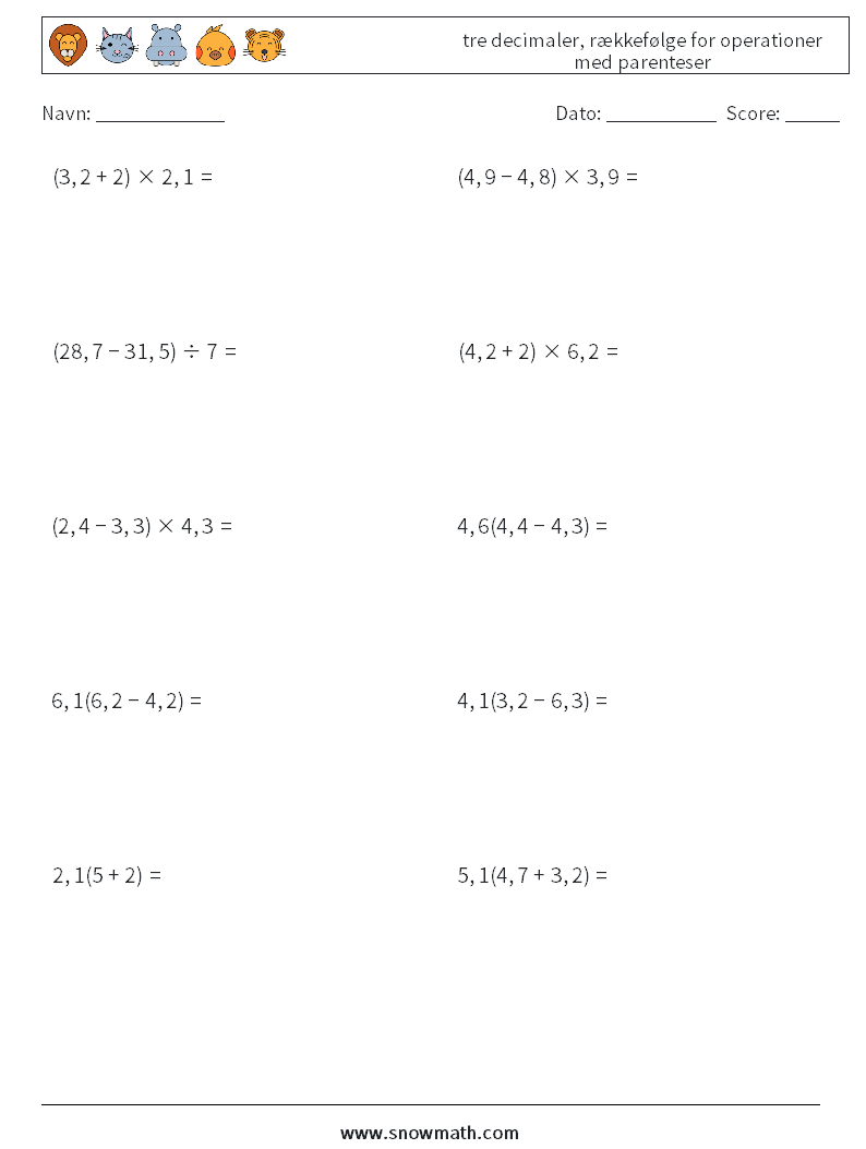 (10) tre decimaler, rækkefølge for operationer med parenteser Matematiske regneark 11