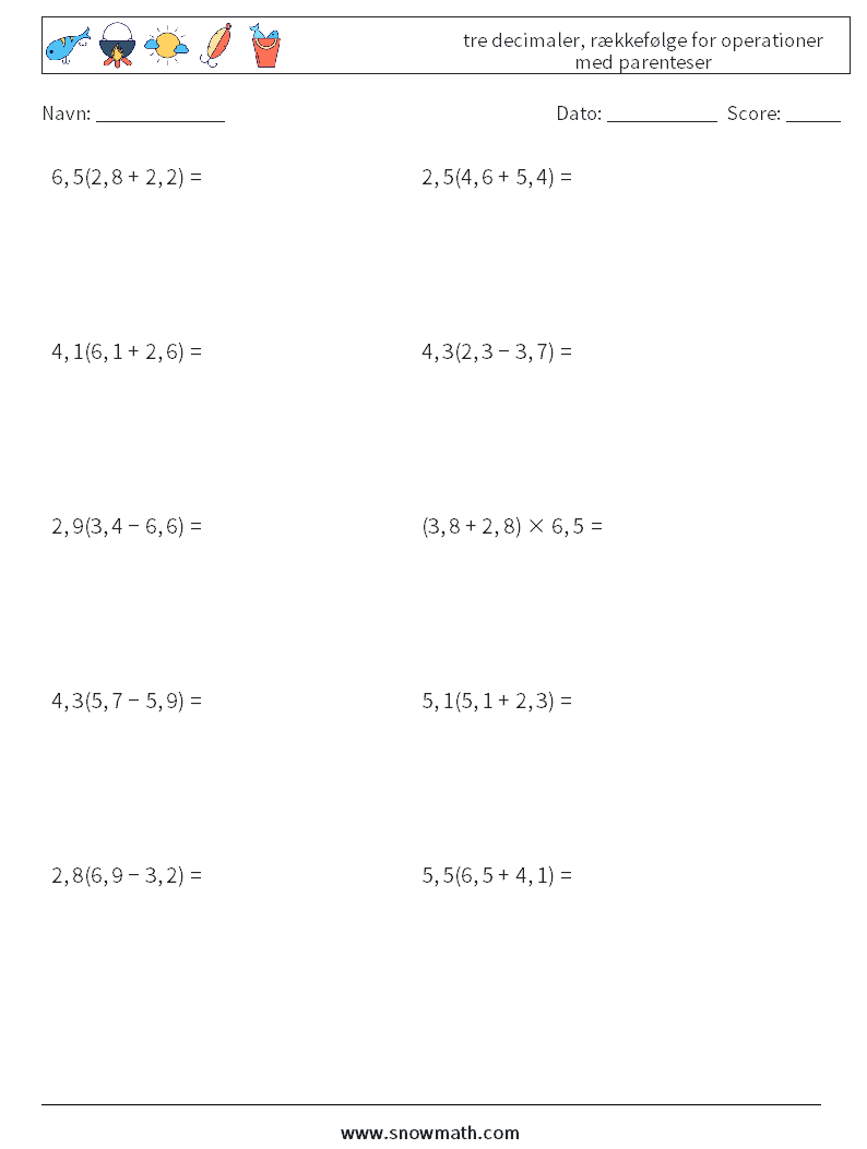 (10) tre decimaler, rækkefølge for operationer med parenteser Matematiske regneark 12
