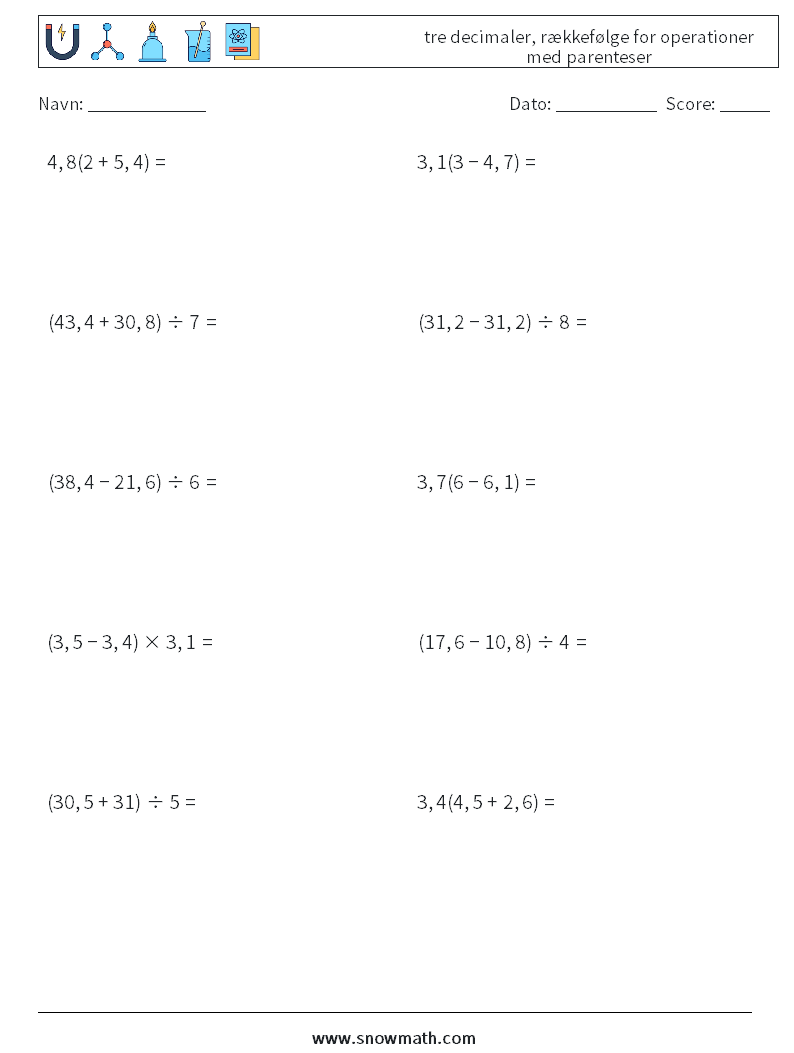 (10) tre decimaler, rækkefølge for operationer med parenteser Matematiske regneark 13