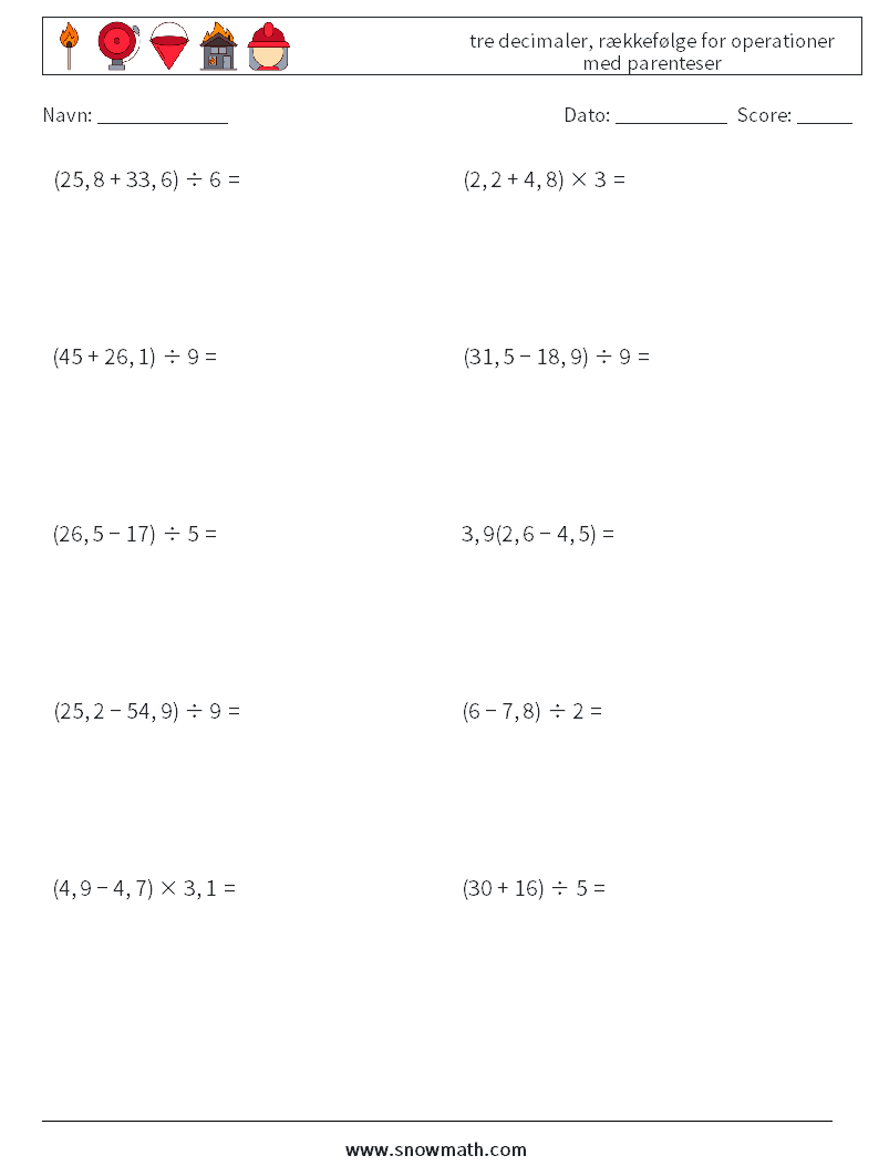 (10) tre decimaler, rækkefølge for operationer med parenteser Matematiske regneark 14