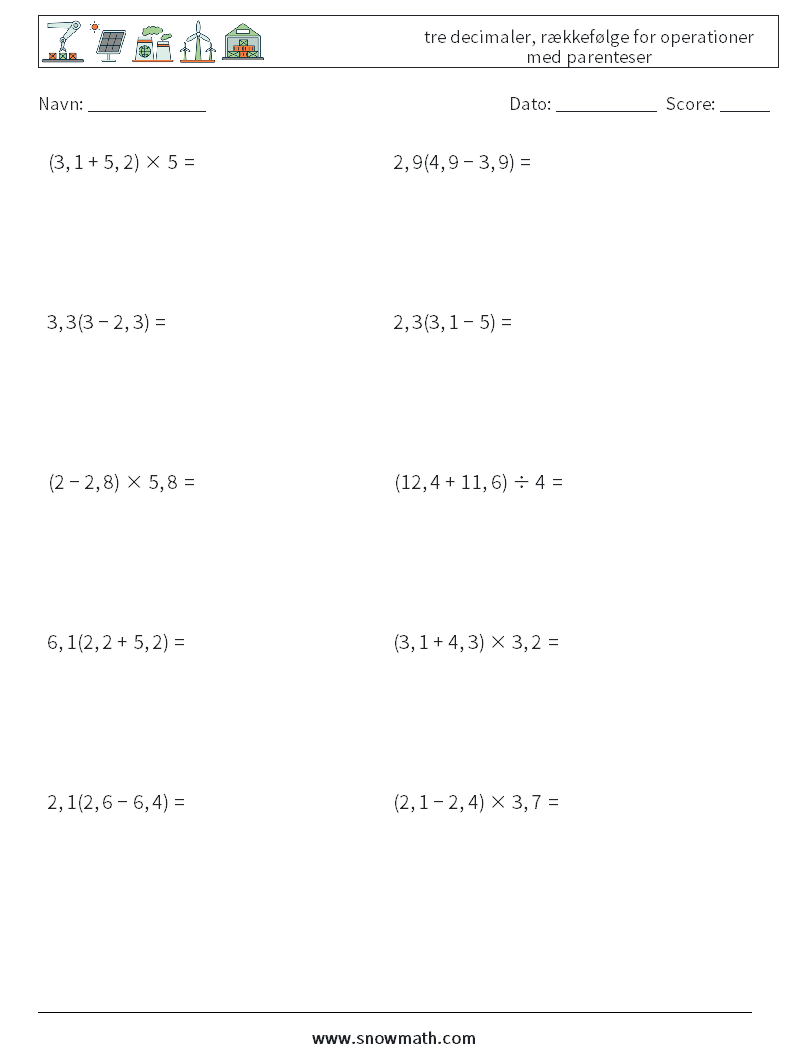 (10) tre decimaler, rækkefølge for operationer med parenteser Matematiske regneark 15