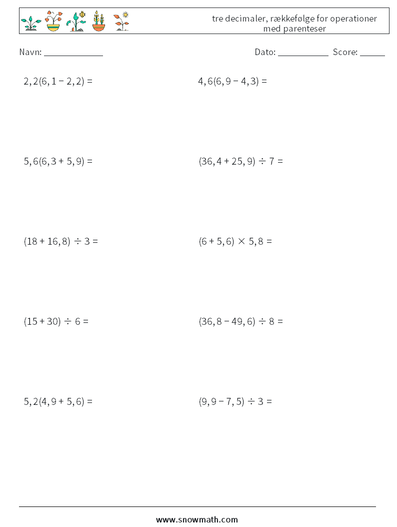 (10) tre decimaler, rækkefølge for operationer med parenteser Matematiske regneark 2