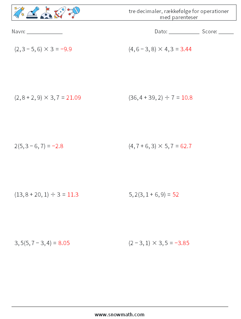 (10) tre decimaler, rækkefølge for operationer med parenteser Matematiske regneark 3 Spørgsmål, svar