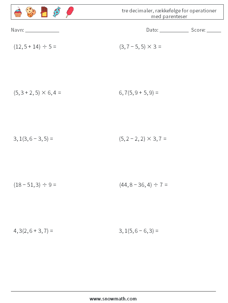 (10) tre decimaler, rækkefølge for operationer med parenteser Matematiske regneark 4