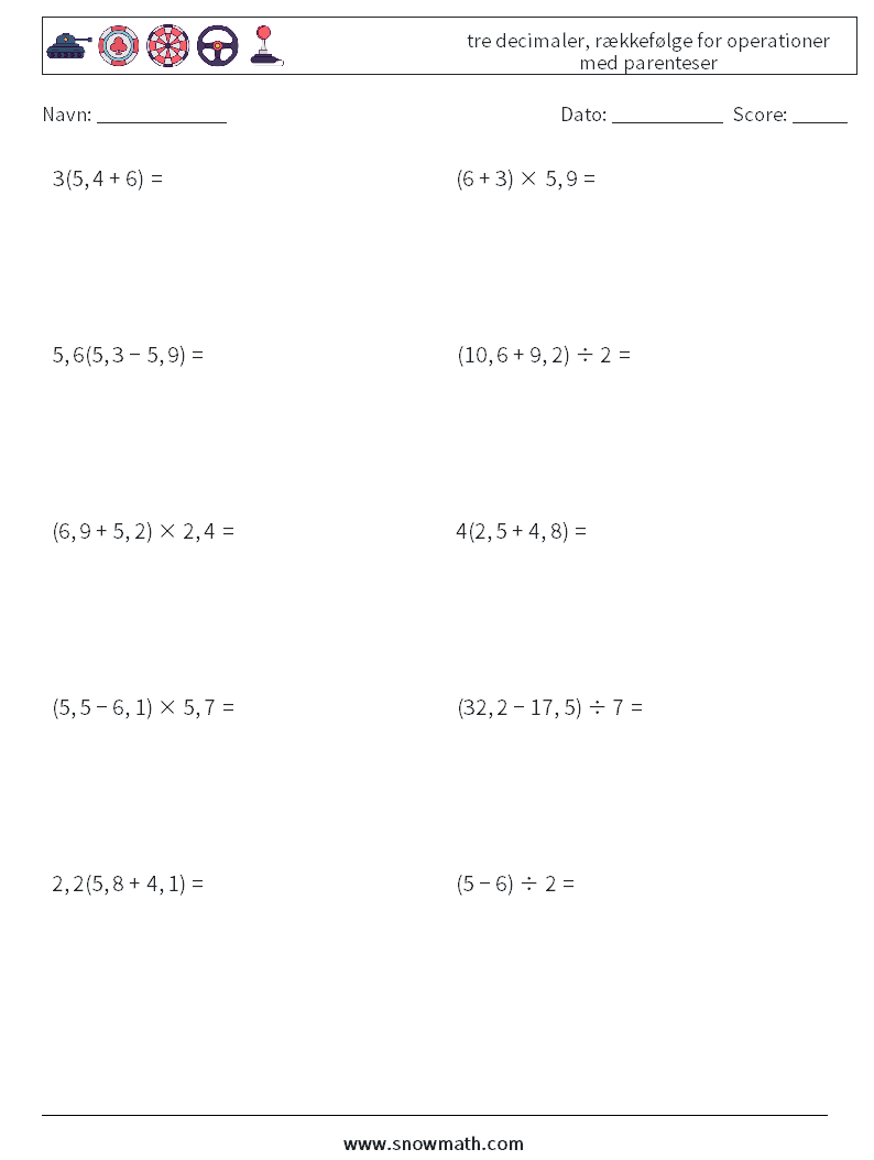 (10) tre decimaler, rækkefølge for operationer med parenteser Matematiske regneark 6