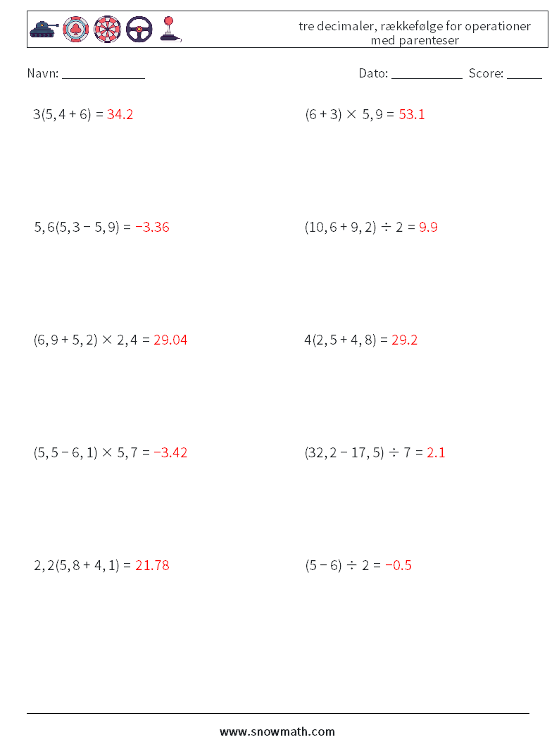 (10) tre decimaler, rækkefølge for operationer med parenteser Matematiske regneark 6 Spørgsmål, svar
