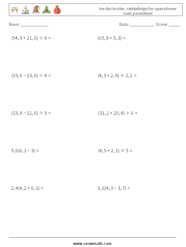 (10) tre decimaler, rækkefølge for operationer med parenteser Matematiske regneark 7