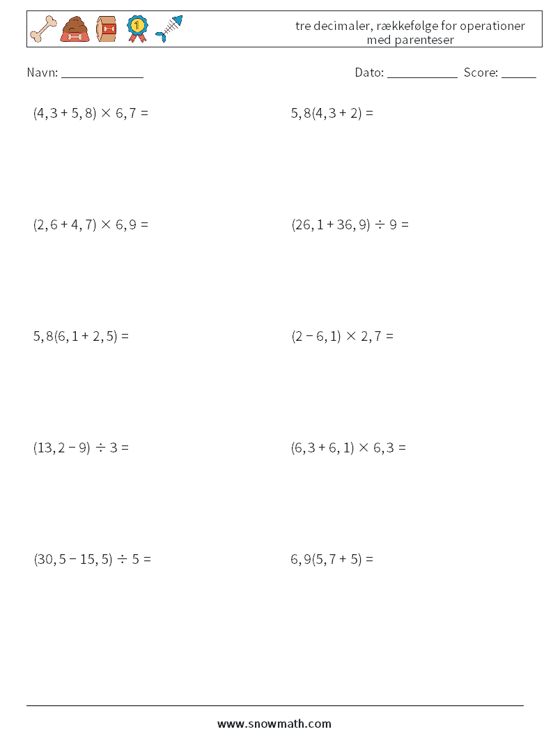 (10) tre decimaler, rækkefølge for operationer med parenteser Matematiske regneark 8