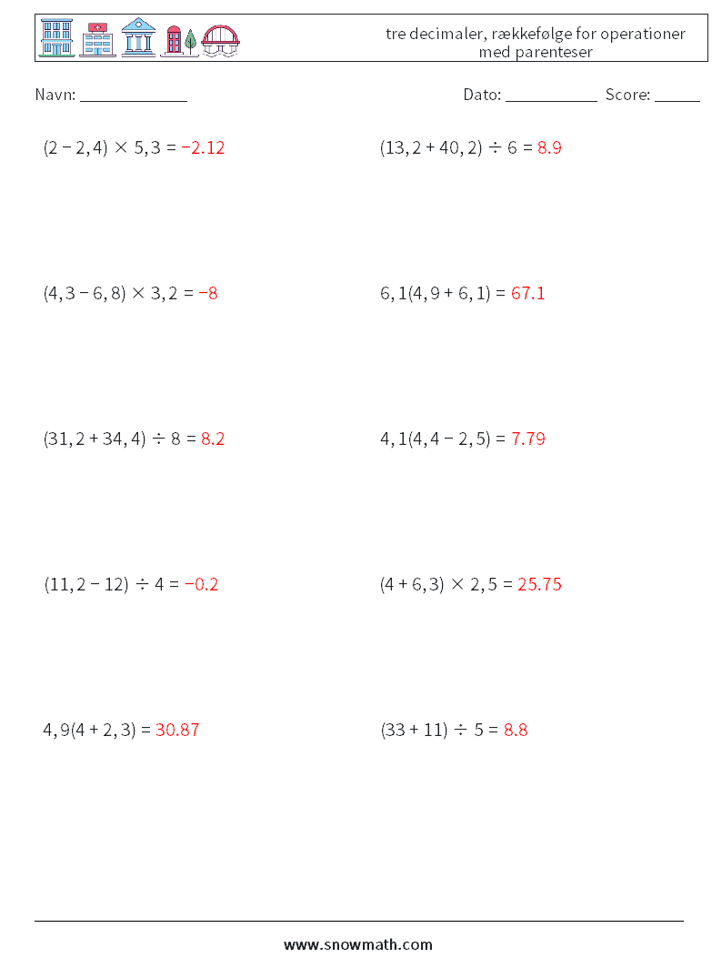 (10) tre decimaler, rækkefølge for operationer med parenteser Matematiske regneark 9 Spørgsmål, svar