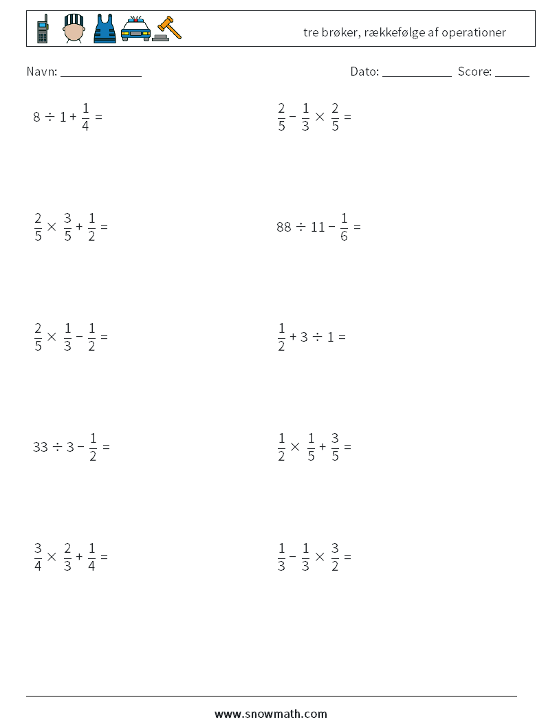 (10) tre brøker, rækkefølge af operationer Matematiske regneark 2