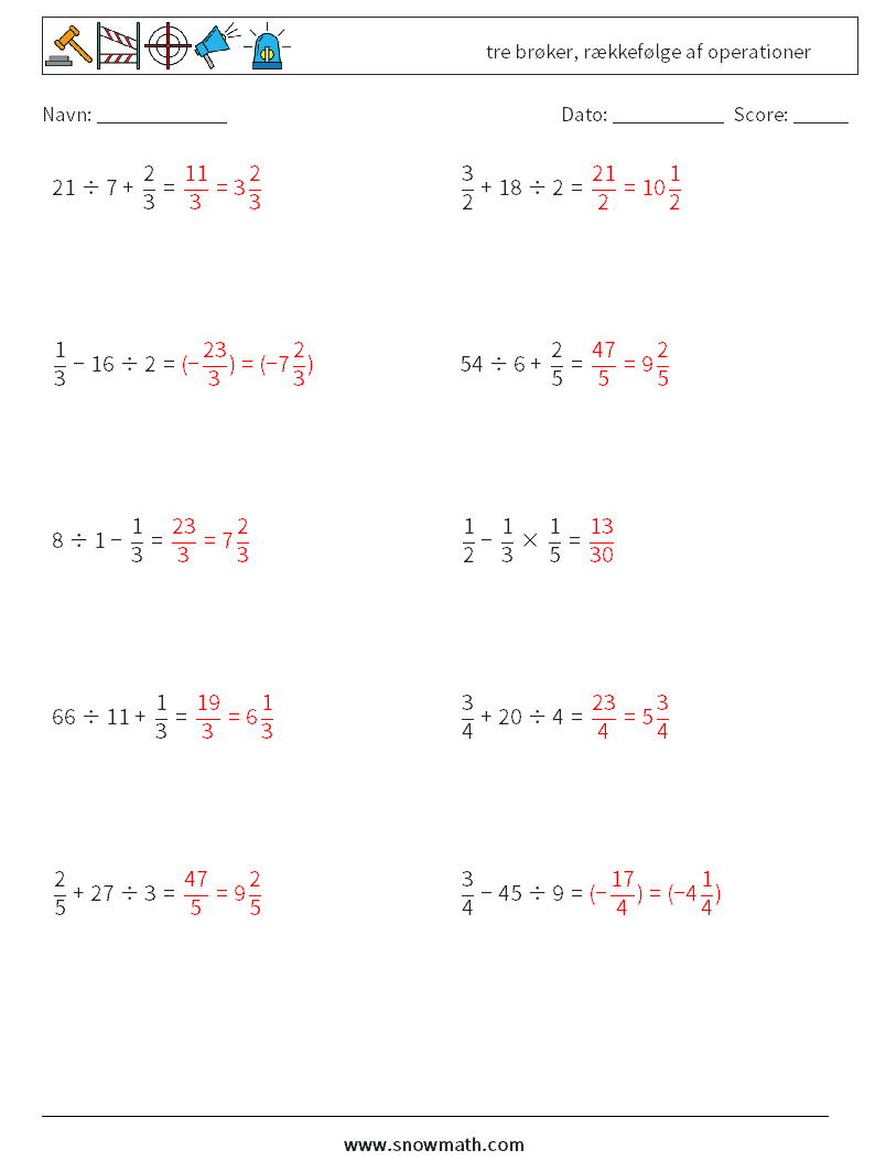(10) tre brøker, rækkefølge af operationer Matematiske regneark 3 Spørgsmål, svar