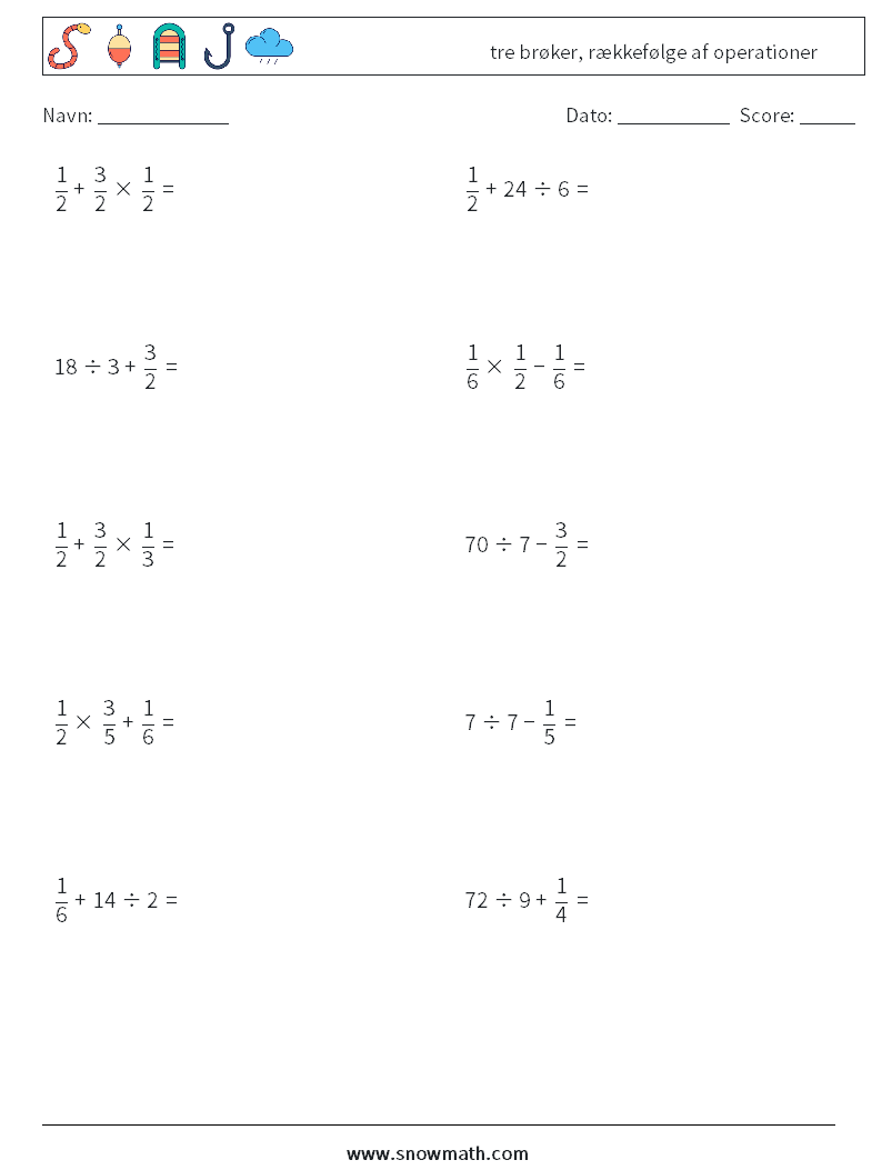 (10) tre brøker, rækkefølge af operationer Matematiske regneark 6
