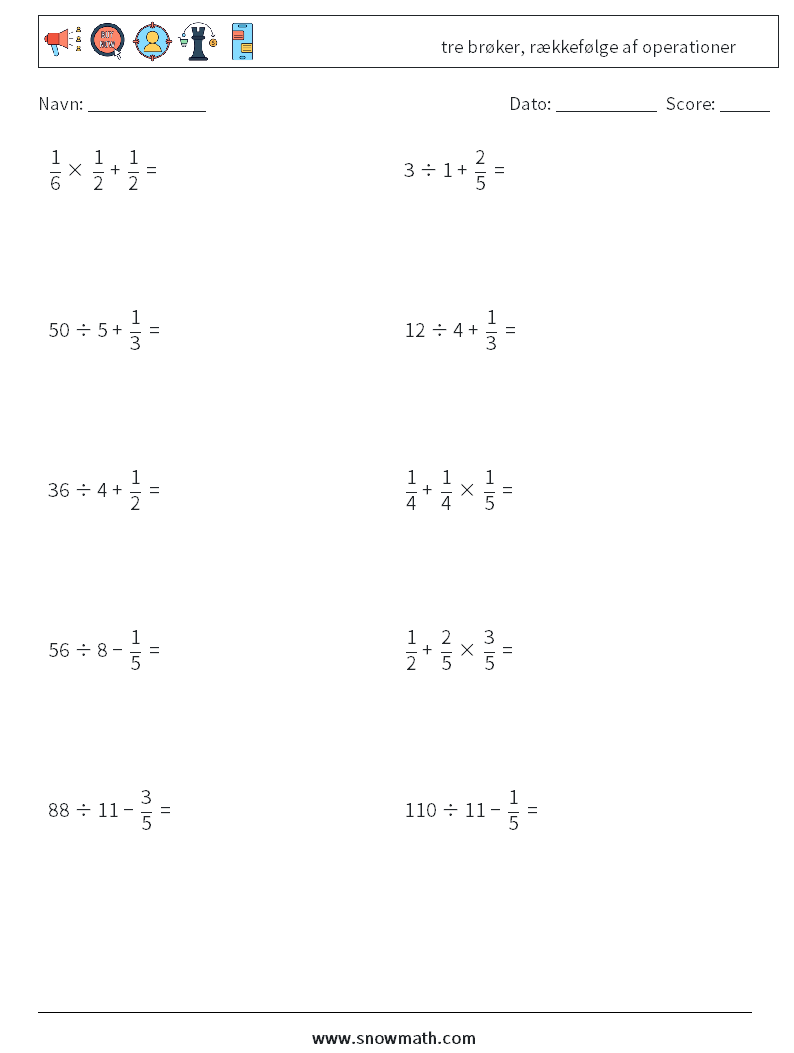 (10) tre brøker, rækkefølge af operationer Matematiske regneark 7