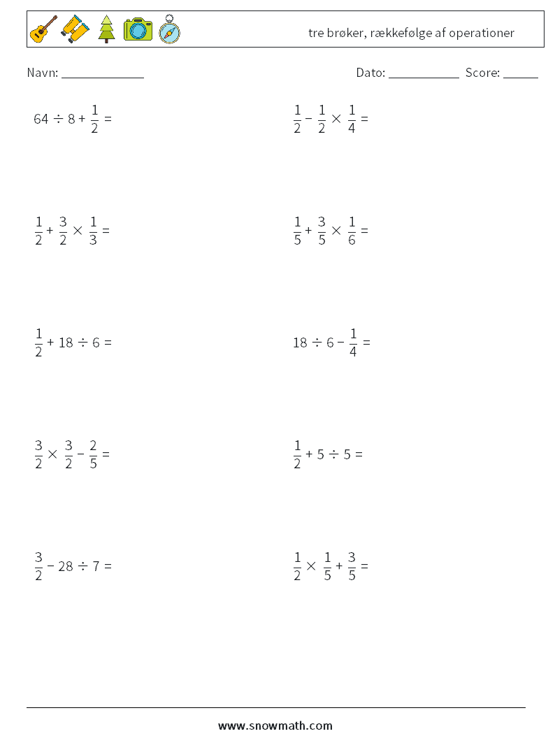 (10) tre brøker, rækkefølge af operationer Matematiske regneark 8