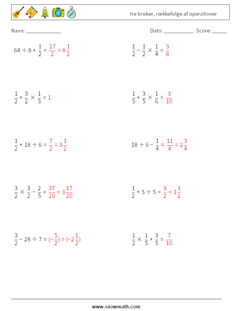 (10) tre brøker, rækkefølge af operationer Matematiske regneark 8 Spørgsmål, svar