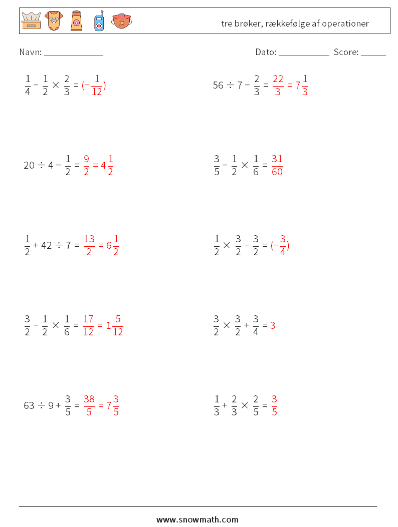 (10) tre brøker, rækkefølge af operationer Matematiske regneark 9 Spørgsmål, svar