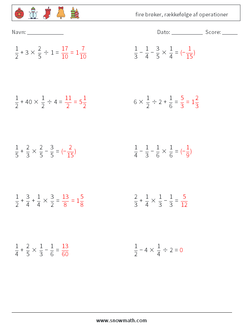 (10) fire brøker, rækkefølge af operationer Matematiske regneark 3 Spørgsmål, svar