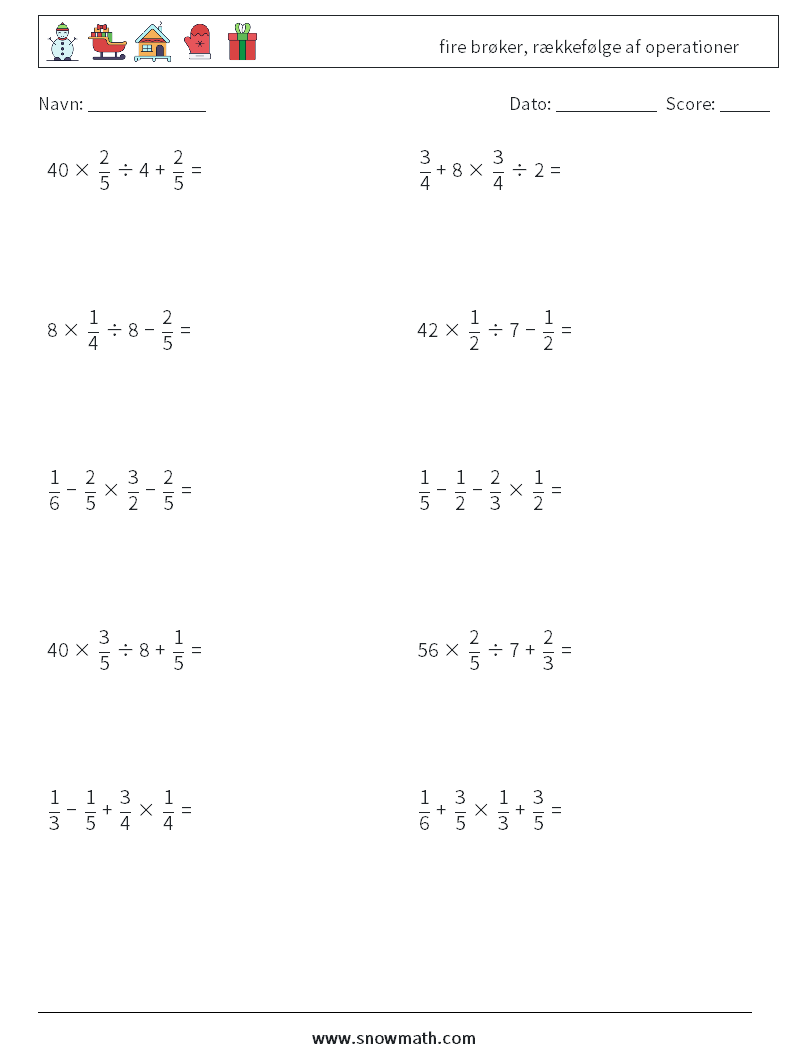(10) fire brøker, rækkefølge af operationer Matematiske regneark 5