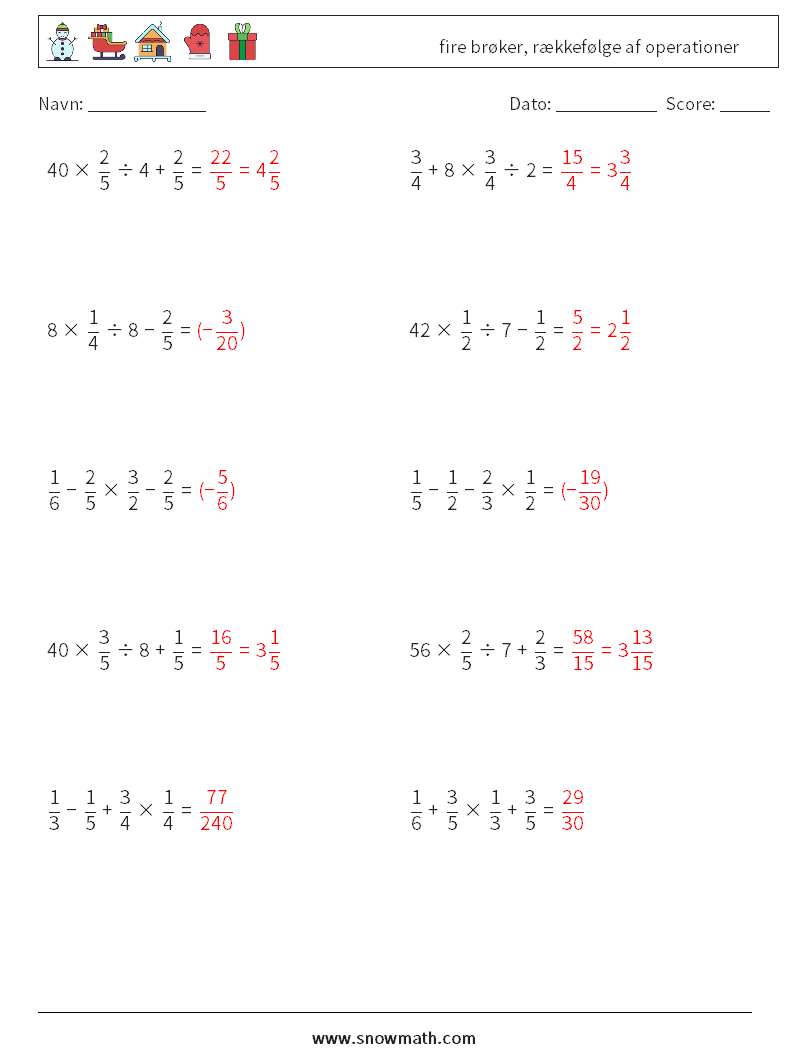 (10) fire brøker, rækkefølge af operationer Matematiske regneark 5 Spørgsmål, svar