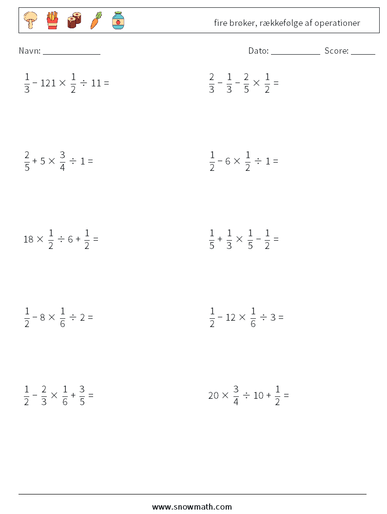 (10) fire brøker, rækkefølge af operationer Matematiske regneark 6
