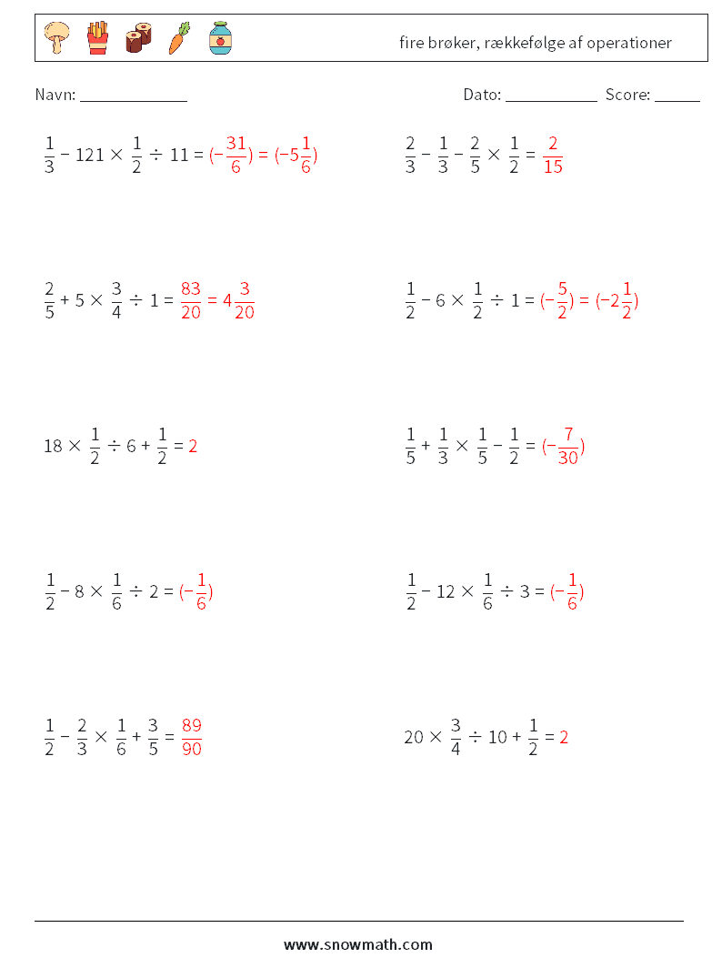 (10) fire brøker, rækkefølge af operationer Matematiske regneark 6 Spørgsmål, svar