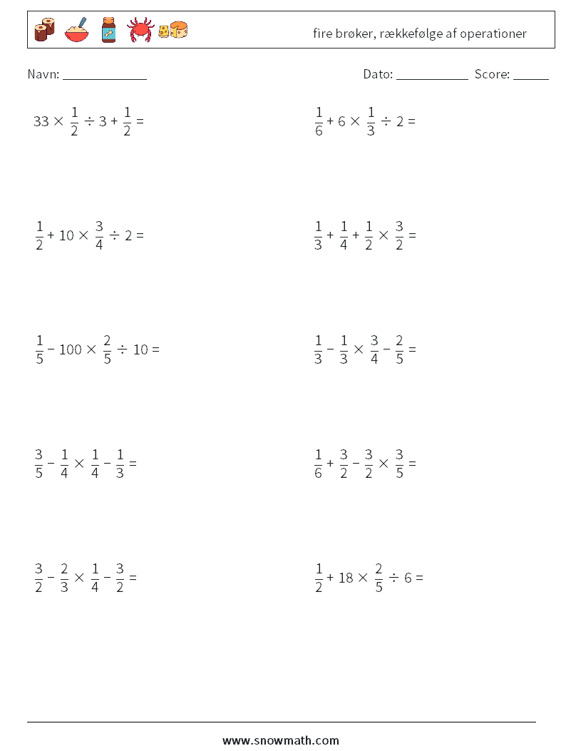 (10) fire brøker, rækkefølge af operationer Matematiske regneark 7