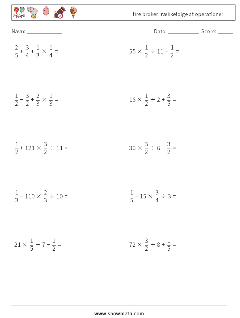 (10) fire brøker, rækkefølge af operationer Matematiske regneark 8