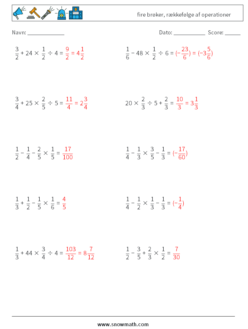 (10) fire brøker, rækkefølge af operationer Matematiske regneark 9 Spørgsmål, svar