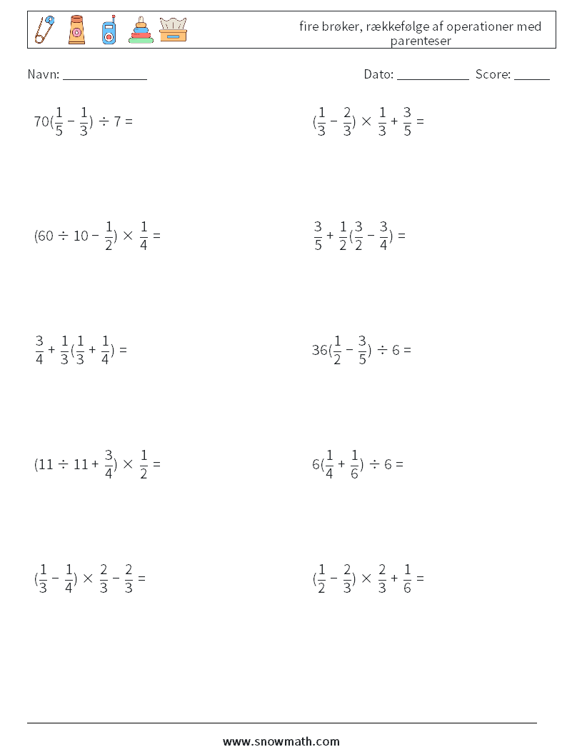 (10) fire brøker, rækkefølge af operationer med parenteser Matematiske regneark 10