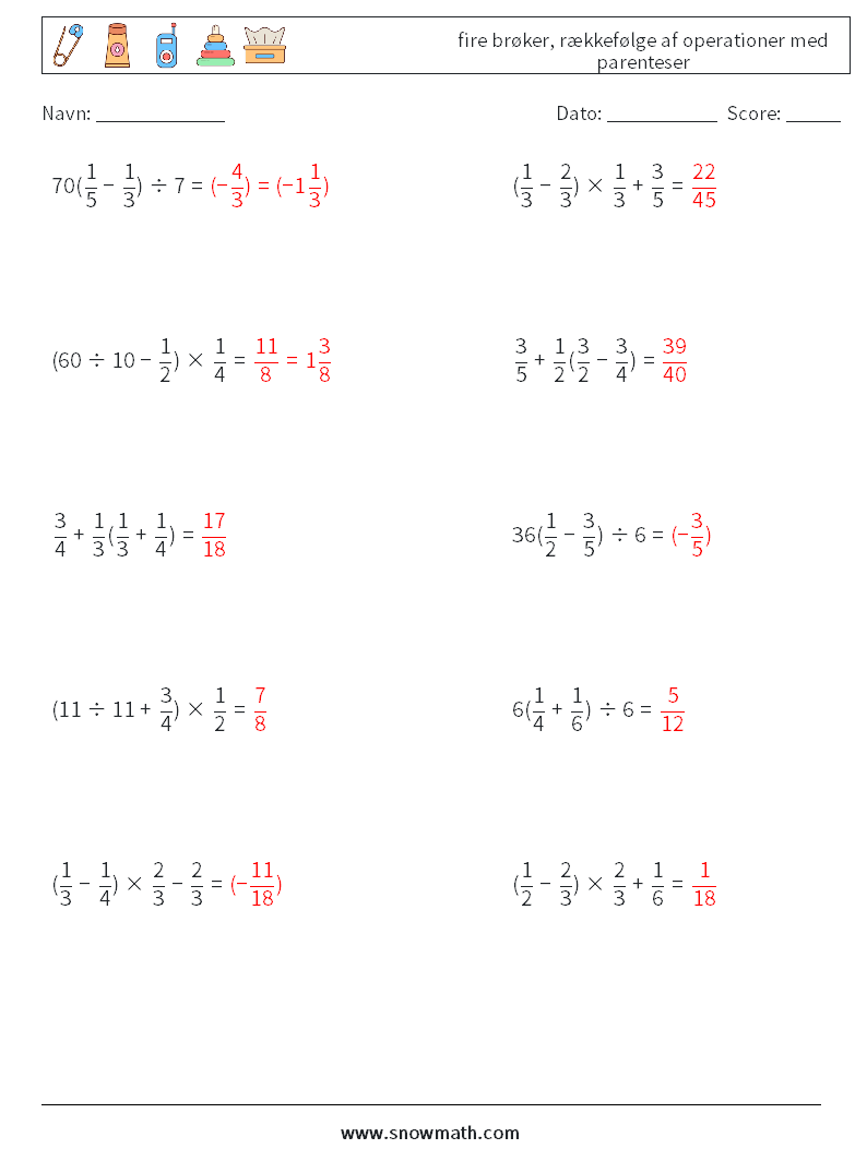 (10) fire brøker, rækkefølge af operationer med parenteser Matematiske regneark 10 Spørgsmål, svar