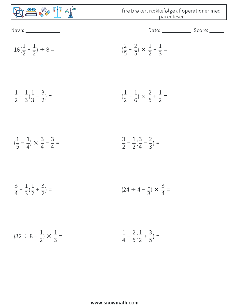 (10) fire brøker, rækkefølge af operationer med parenteser Matematiske regneark 11