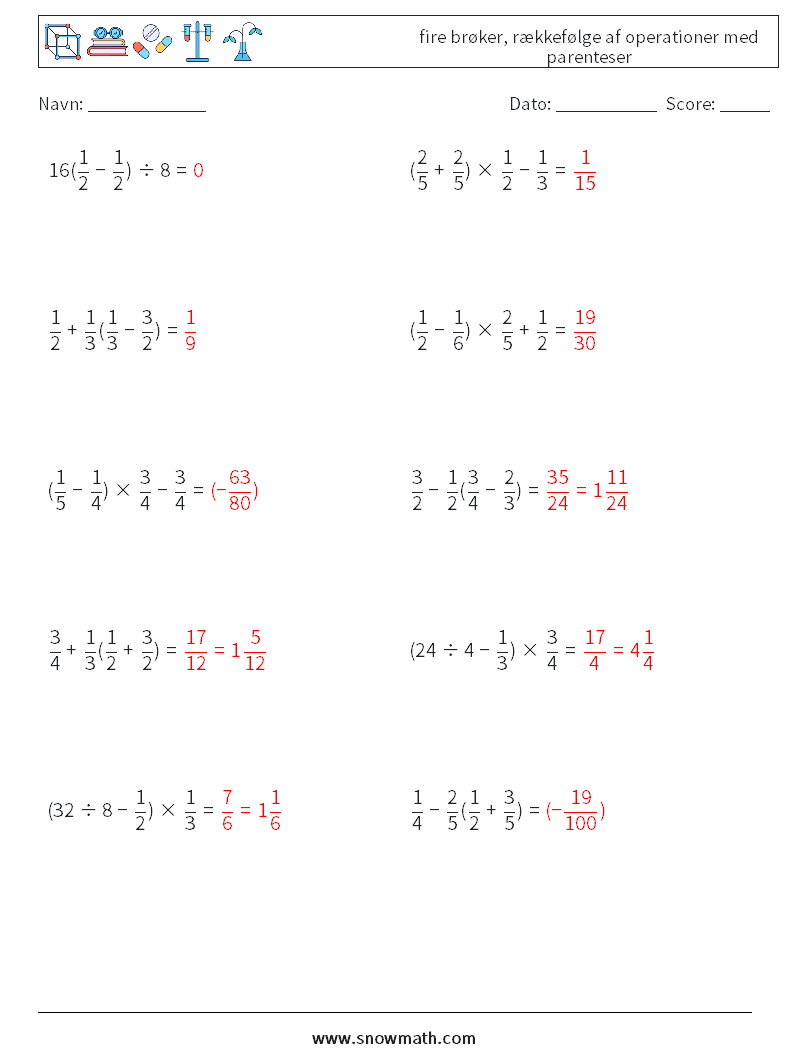(10) fire brøker, rækkefølge af operationer med parenteser Matematiske regneark 11 Spørgsmål, svar