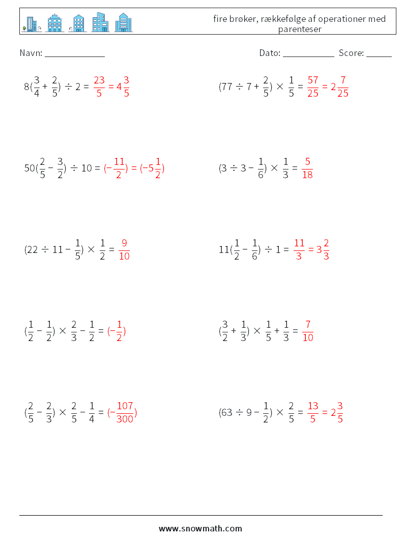 (10) fire brøker, rækkefølge af operationer med parenteser Matematiske regneark 12 Spørgsmål, svar