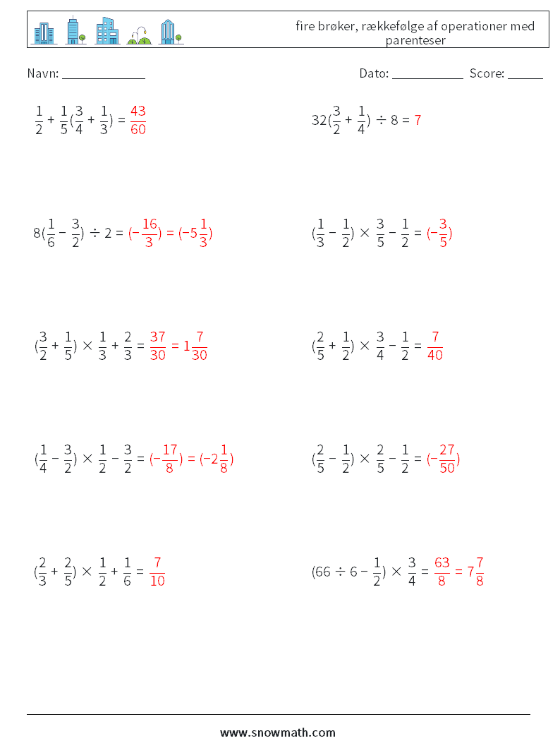 (10) fire brøker, rækkefølge af operationer med parenteser Matematiske regneark 13 Spørgsmål, svar