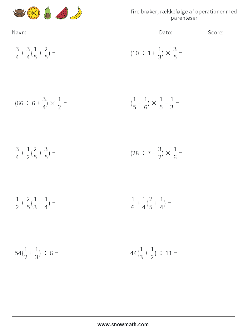 (10) fire brøker, rækkefølge af operationer med parenteser Matematiske regneark 14
