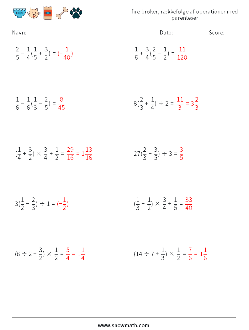 (10) fire brøker, rækkefølge af operationer med parenteser Matematiske regneark 16 Spørgsmål, svar
