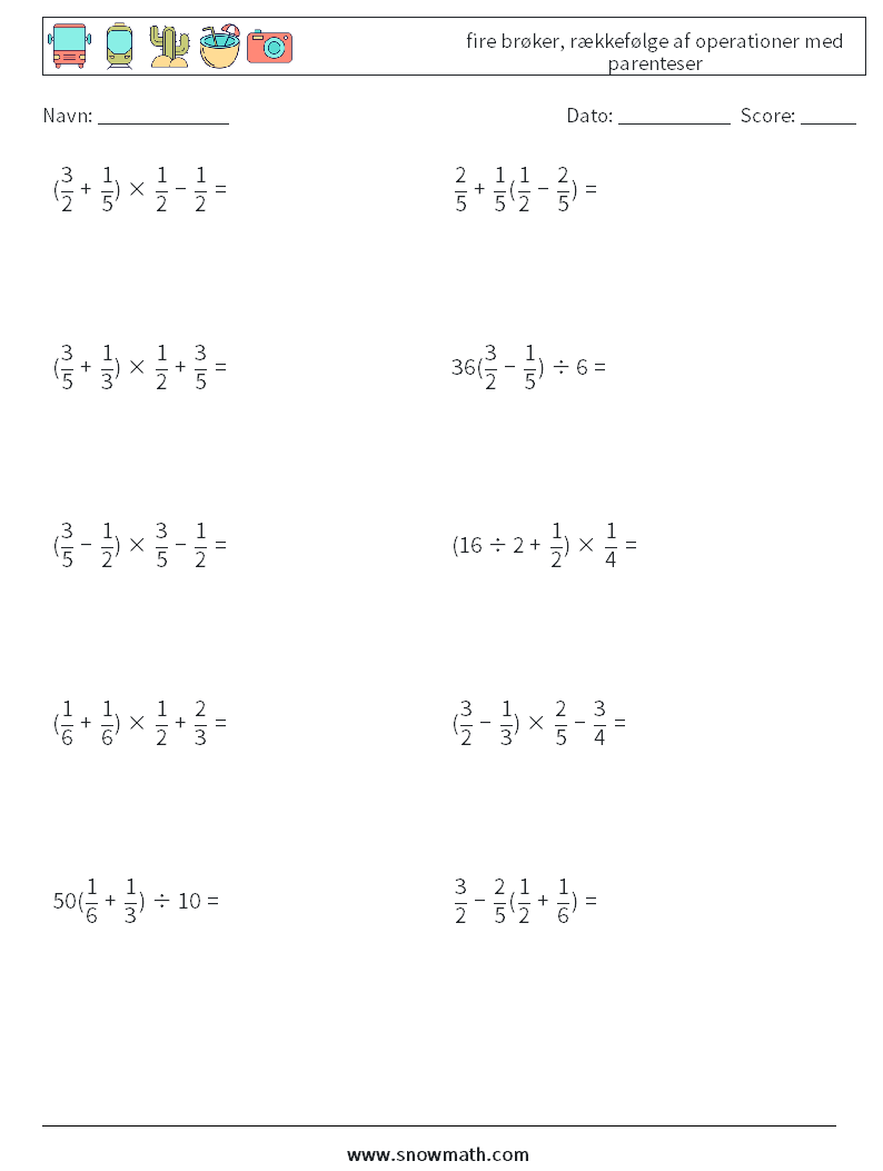 (10) fire brøker, rækkefølge af operationer med parenteser Matematiske regneark 17