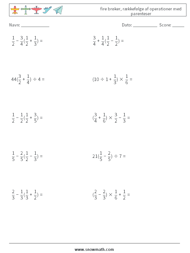 (10) fire brøker, rækkefølge af operationer med parenteser Matematiske regneark 18