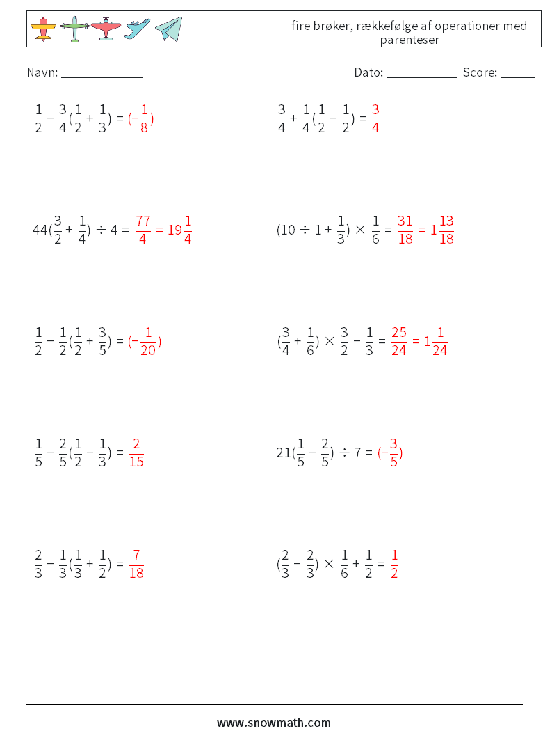 (10) fire brøker, rækkefølge af operationer med parenteser Matematiske regneark 18 Spørgsmål, svar